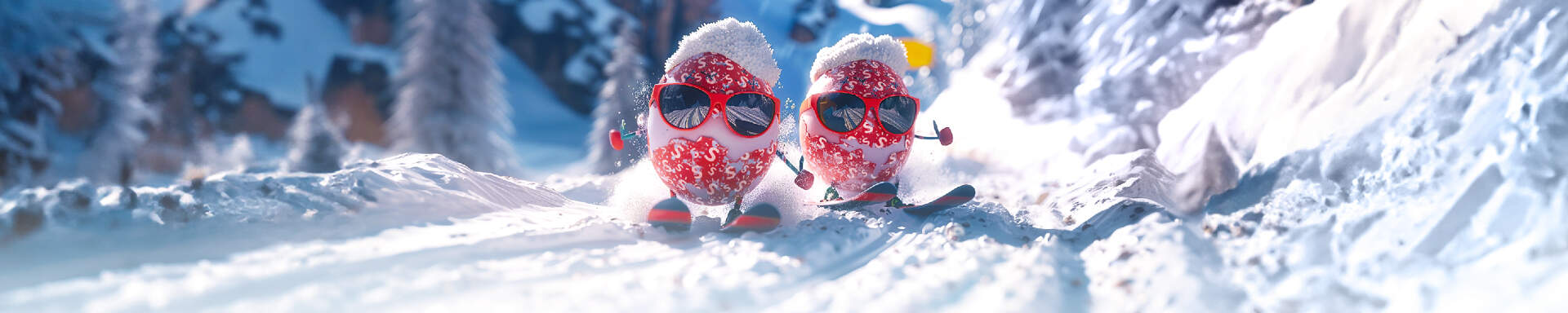twee paaseieren met Sunweb logo en zonnebril tijdens een wintersportvakantie met pasen op skies in de sneeuw