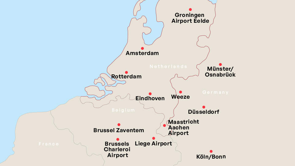 kaart Nederland,Belgie,Duitsland, luchthaven