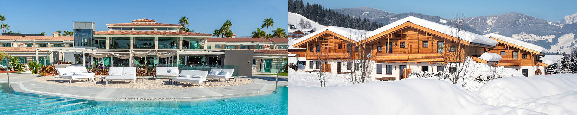 Hotel met zwembad en ligbedden en hotel in de sneeuw