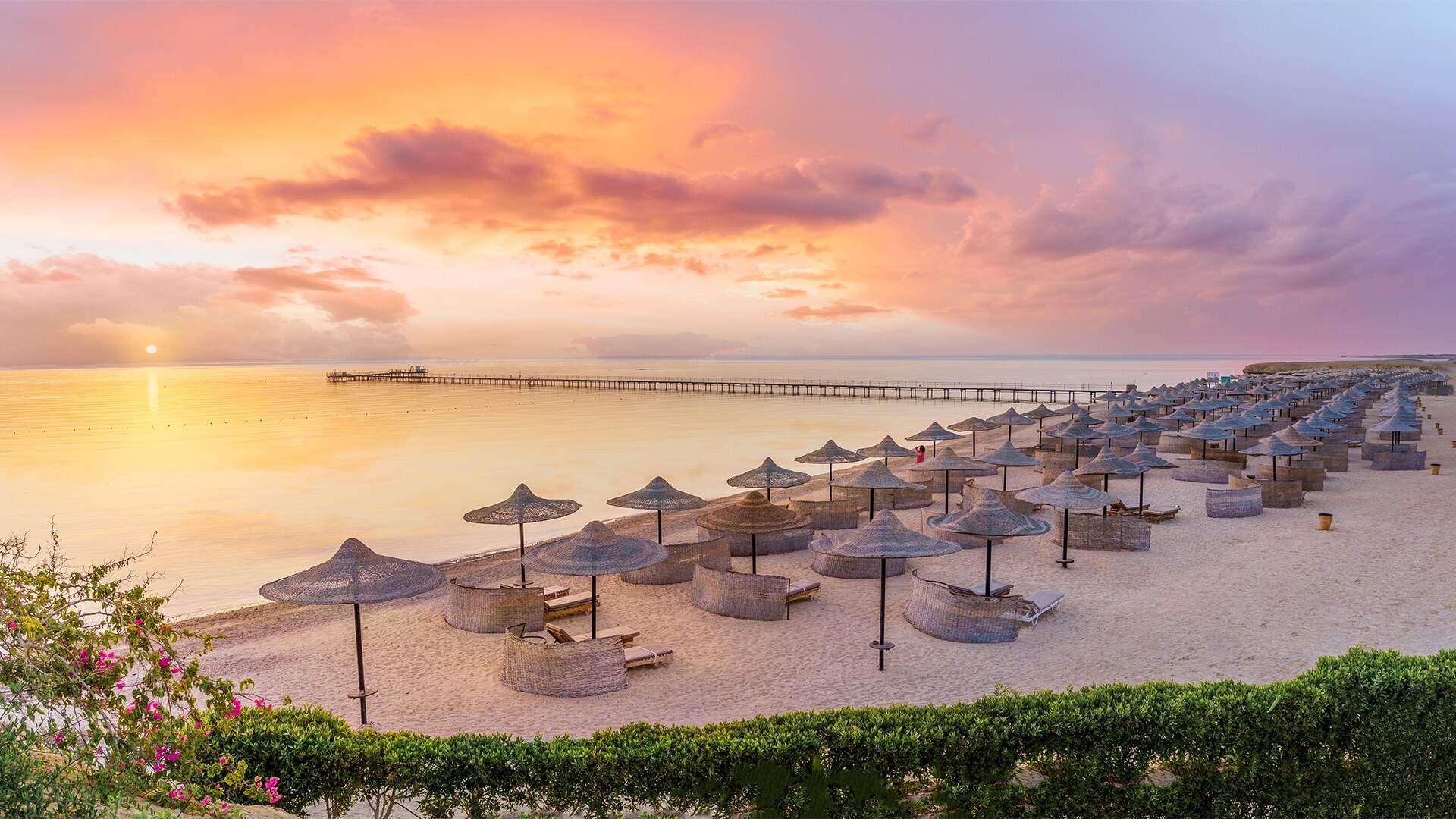 strand aan zee met ligbedjes en parasols met een oranje zonsondergang en bosjes op de voorgrond